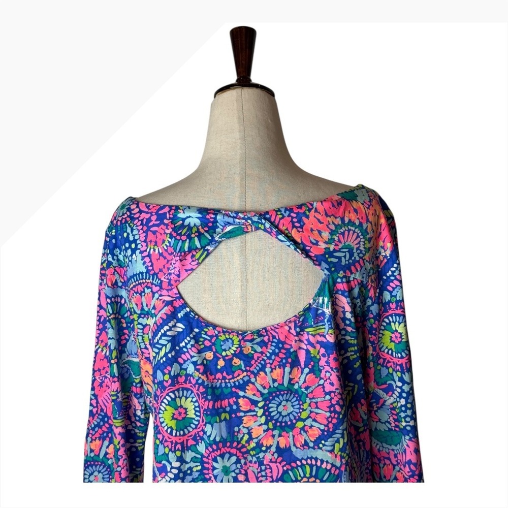 Lilly‎ Pulitzer Bay Dress Women Large Blue Pink No Prob Llama Cutout Back Boho - Picture 5 of 12